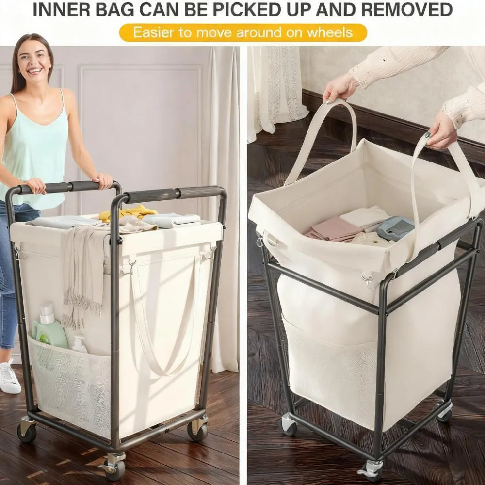 Rolling Laundry Hamper 180L - 4 Wheels with Brake, Mesh Side Pocket & Metal Frame for Bedroom