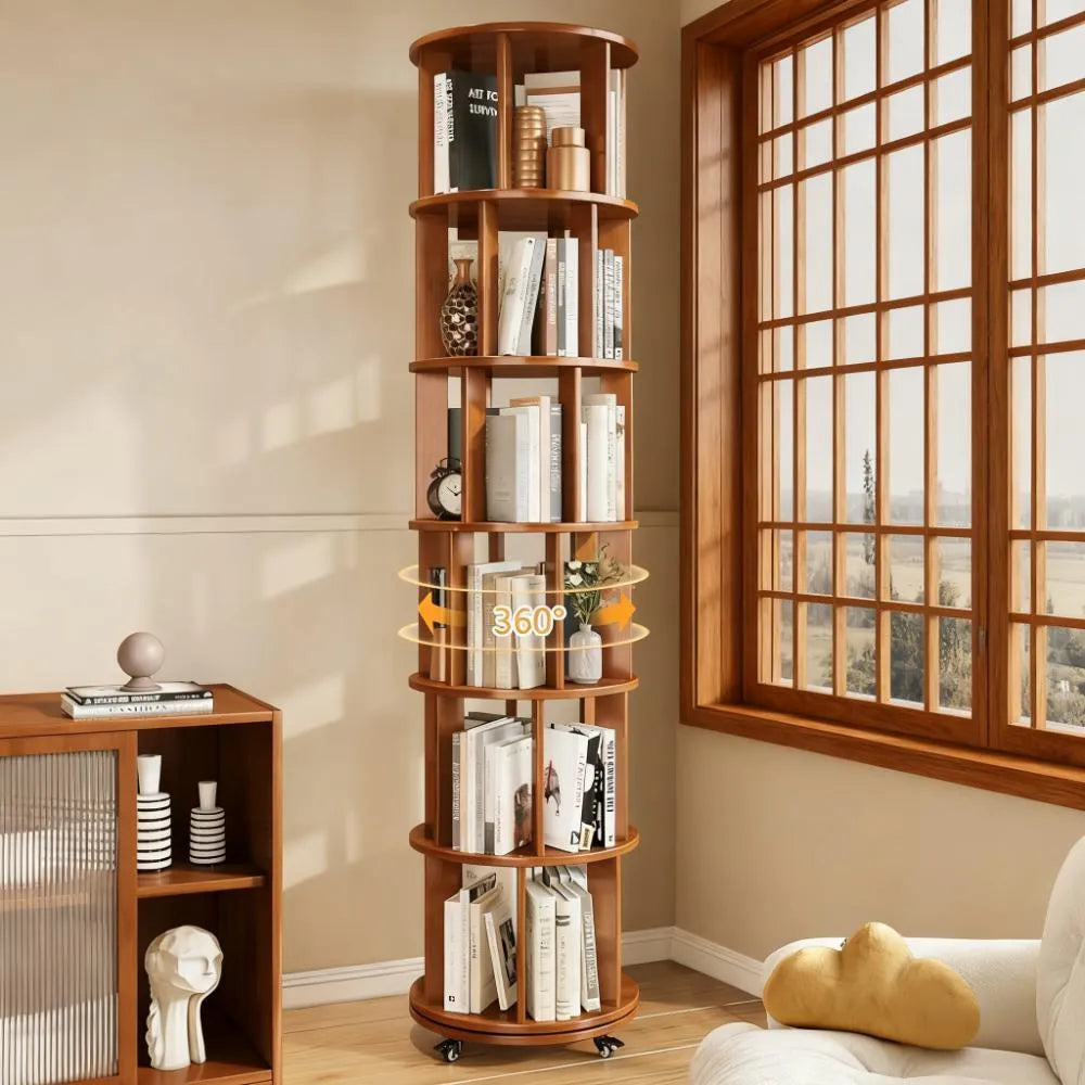 Rotating 6-Tier Bookshelf - Natural Rubber Wood with Turntable, Space-Saving for Home & Office