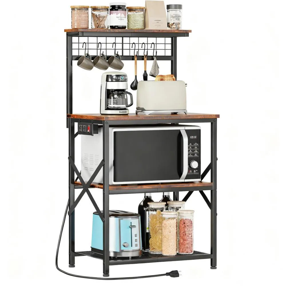 Kitchen Storage Rack 4-Tier with Power Outlets & Hooks - for Microwave & Small Appliances