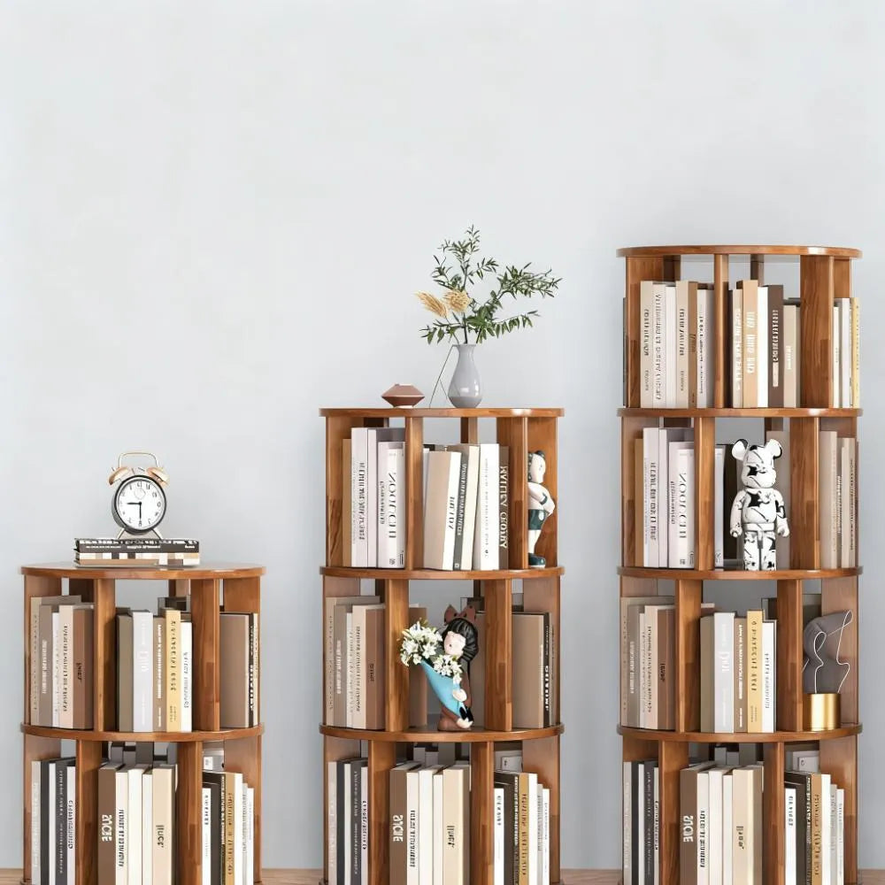 Rotating 6-Tier Bookshelf - Natural Rubber Wood with Turntable, Space-Saving for Home & Office