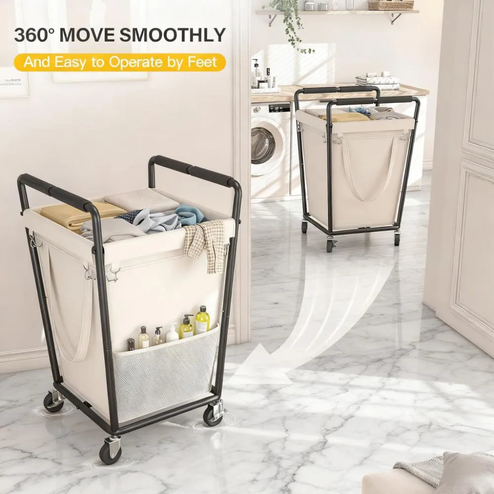 Rolling Laundry Hamper 180L - 4 Wheels with Brake, Mesh Side Pocket & Metal Frame for Bedroom