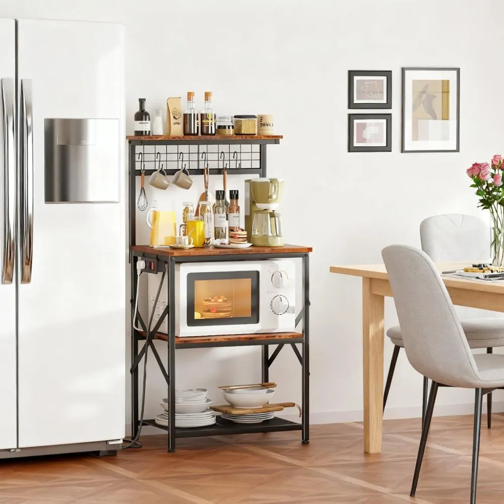 Kitchen Storage Rack 4-Tier with Power Outlets & Hooks - for Microwave & Small Appliances