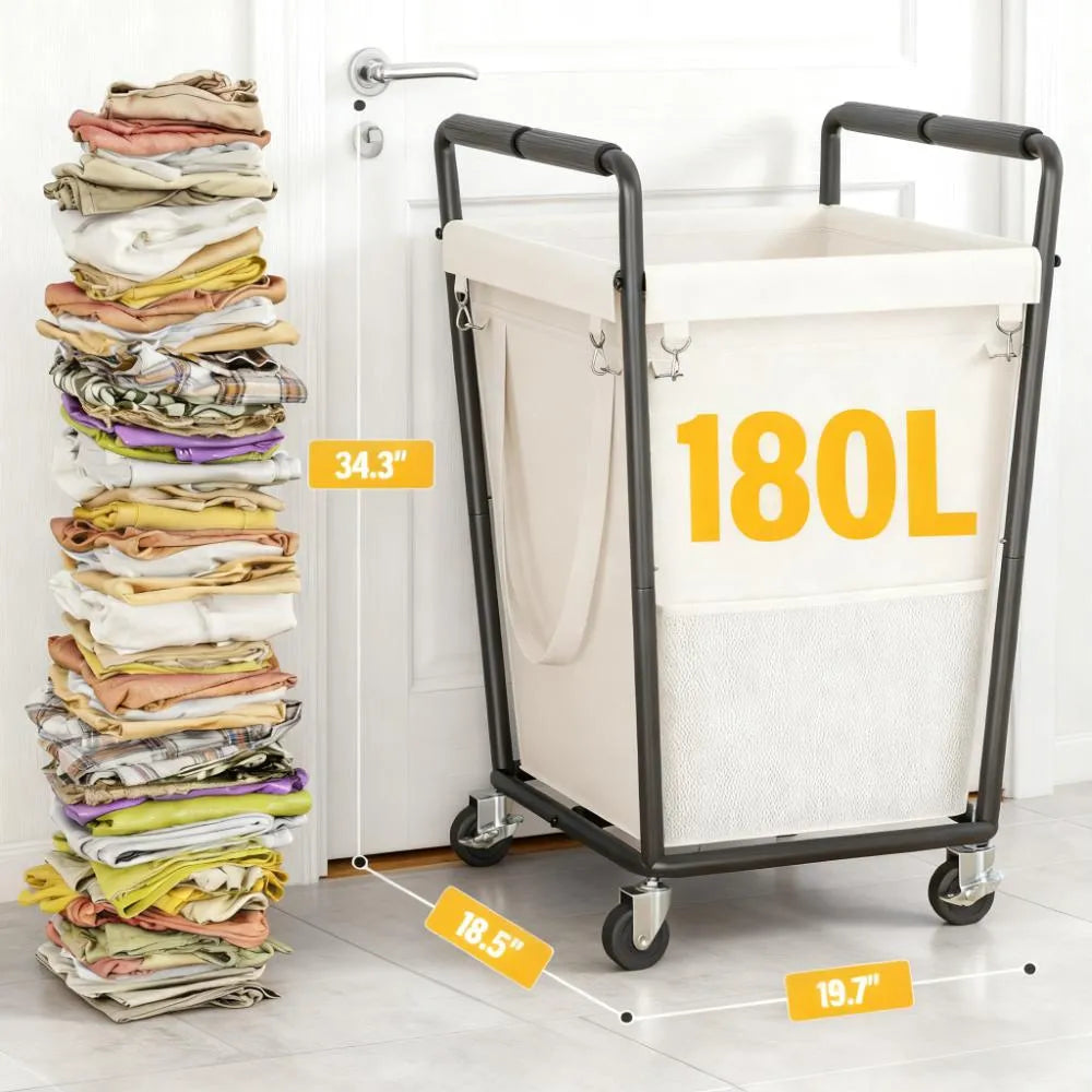 Rolling Laundry Hamper 180L - 4 Wheels with Brake, Mesh Side Pocket & Metal Frame for Bedroom