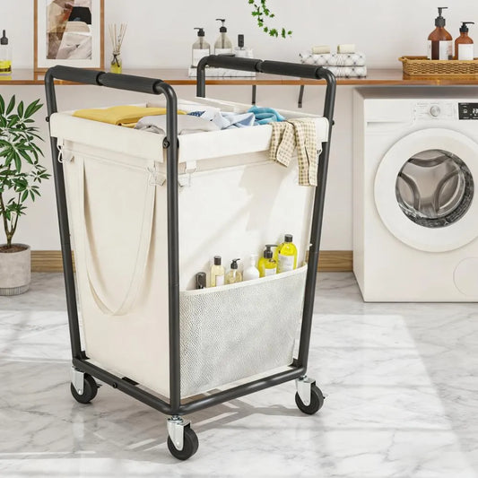 Rolling Laundry Hamper 180L - 4 Wheels with Brake, Mesh Side Pocket & Metal Frame for Bedroom