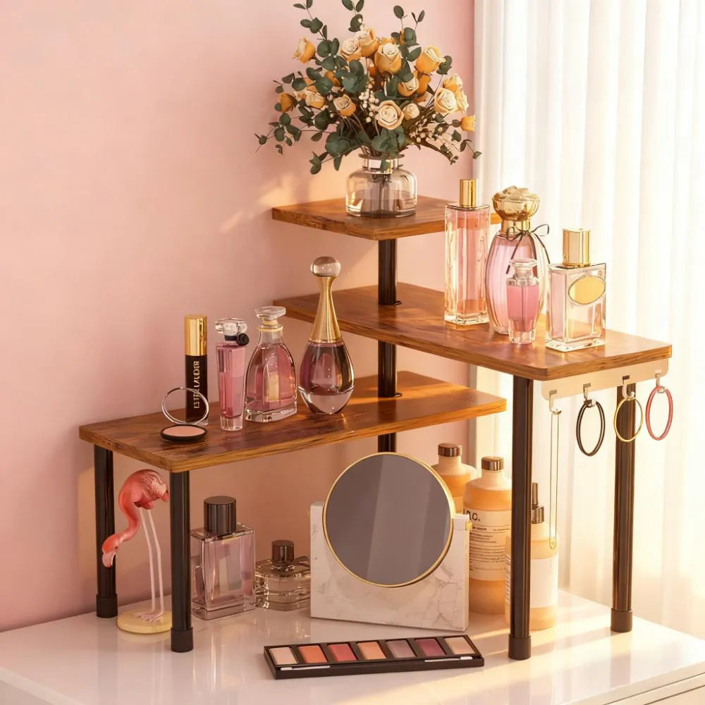 Adjustable 3-Tier Corner Shelf - Rustic Brown Mobile Organizer with Hooks for Kitchen