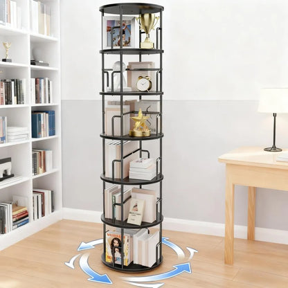 Rotating 6-Tier Bookshelf - Iron & Wood with Anti-Tip, 360° Spin for Home & Office