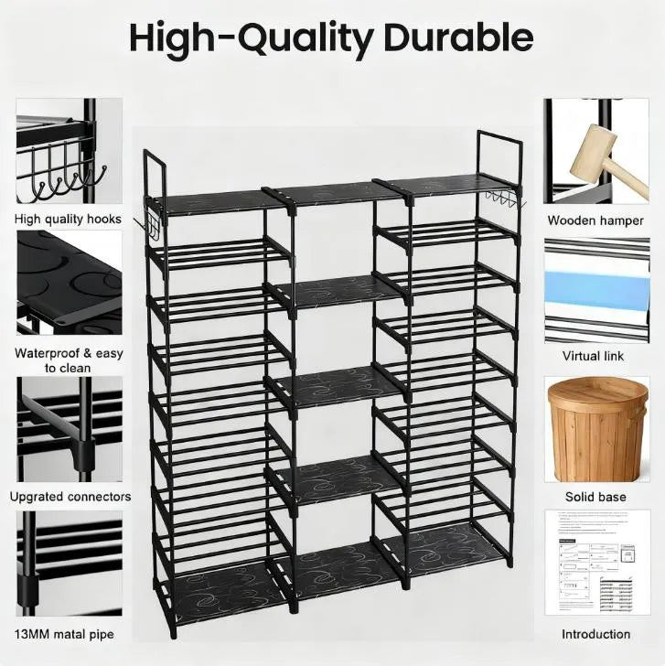 9-Layer Shoe Storage Rack - 50-55 Pairs Capacity, Waterproof Mats & Hooks for Home