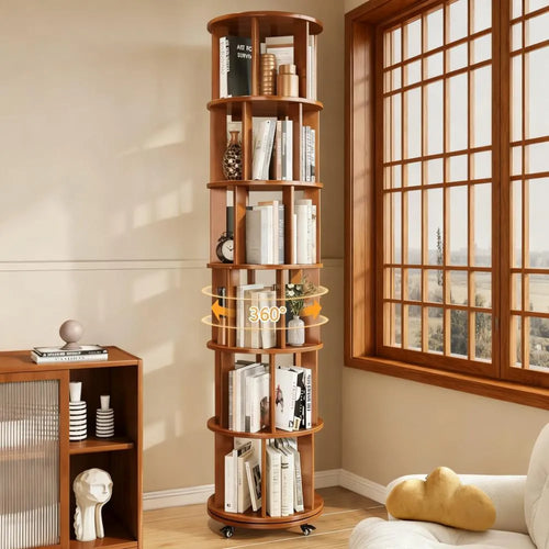 Rotating 6-Tier Bookshelf - Natural Rubber Wood with Turntable, Space-Saving for Home & Office