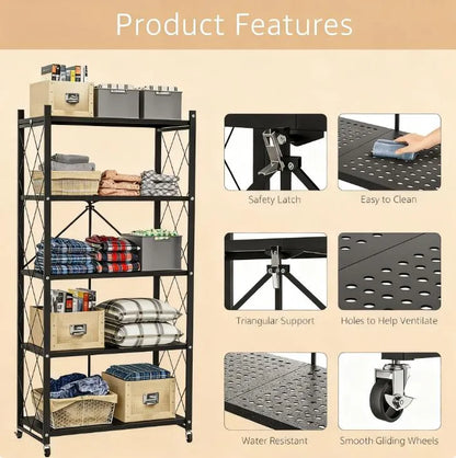 Metal Foldable Shelf - 90lb Capacity, 360° Mobile Wheels for Kitchen & Storage