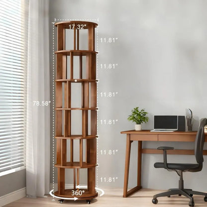 Rotating 6-Tier Bookshelf - Natural Rubber Wood with Turntable, Space-Saving for Home & Office