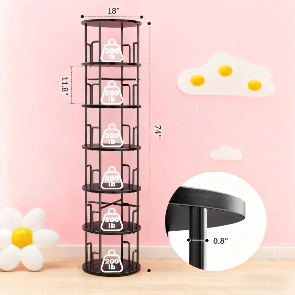 Rotating 6-Tier Bookshelf - Iron & Wood with Anti-Tip, 360° Spin for Home & Office