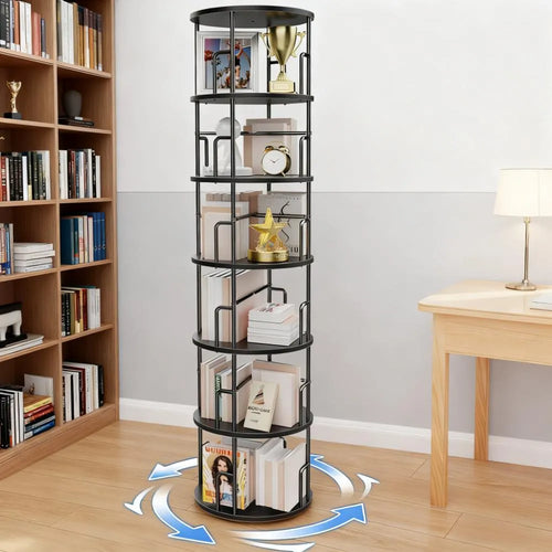 Rotating 6-Tier Bookshelf - Iron & Wood with Anti-Tip, 360° Spin for Home & Office