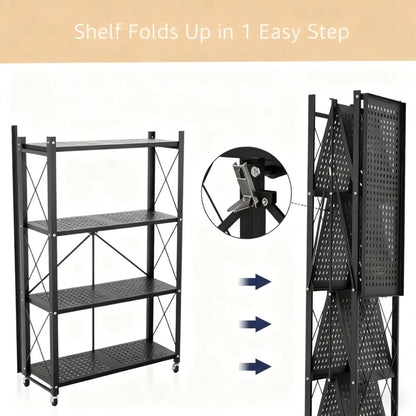 Metal Foldable Shelf - 90lb Capacity, 360° Mobile Wheels for Kitchen & Storage