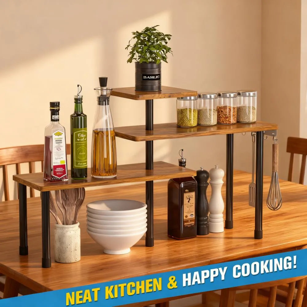 Adjustable 3-Tier Corner Shelf - Rustic Brown Mobile Organizer with Hooks for Kitchen