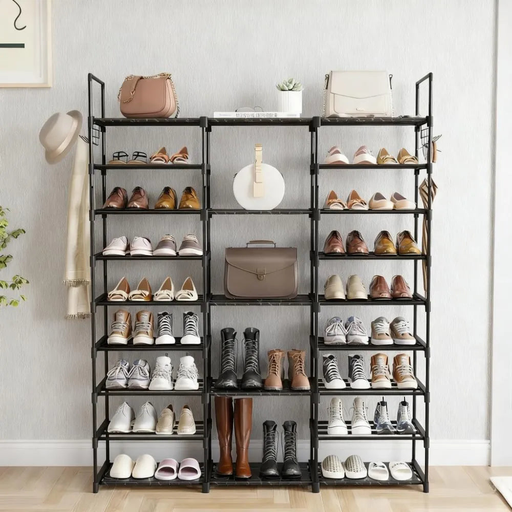 9-Layer Shoe Storage Rack - 50-55 Pairs Capacity, Waterproof Mats & Hooks for Home