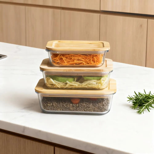 Set of 3 Glass Storage Containers with Bamboo Lids