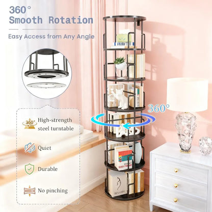 Rotating 6-Tier Bookshelf - Iron & Wood with Anti-Tip, 360° Spin for Home & Office