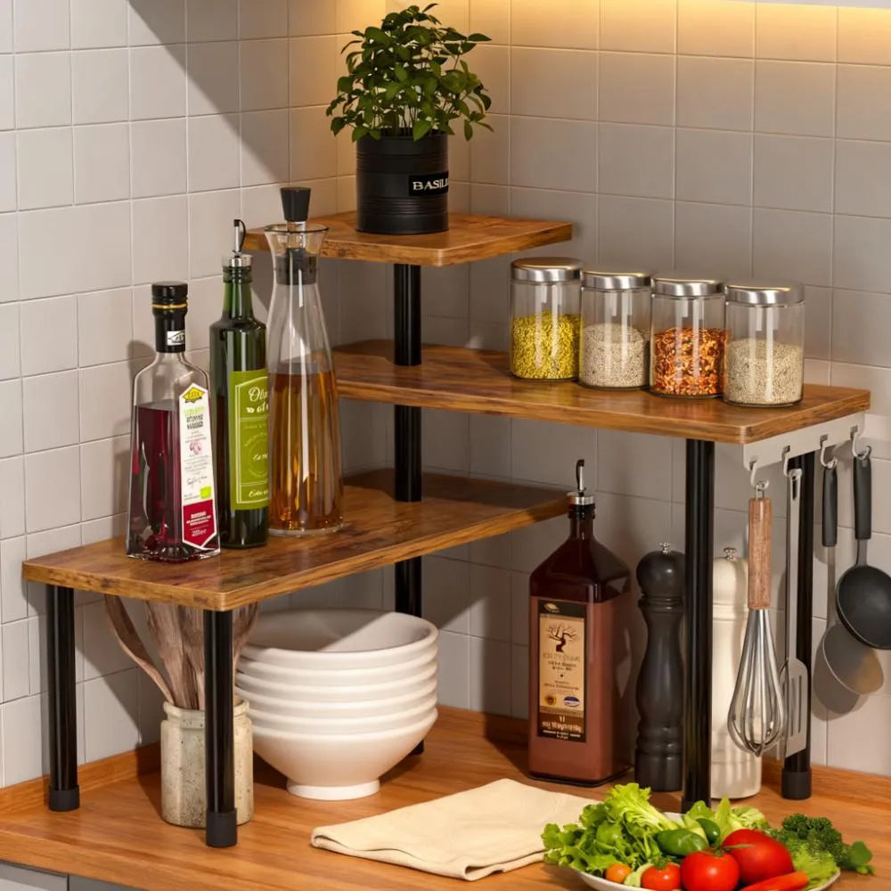Adjustable 3-Tier Corner Shelf - Rustic Brown Mobile Organizer with Hooks for Kitchen
