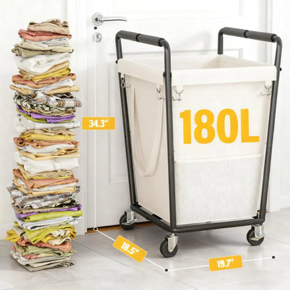Rolling Laundry Hamper 180L - 4 Wheels with Brake, Mesh Side Pocket & Metal Frame for Bedroom