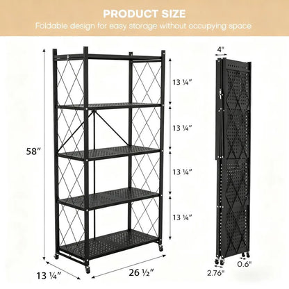 Metal Foldable Shelf - 90lb Capacity, 360° Mobile Wheels for Kitchen & Storage