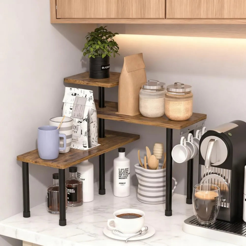 Adjustable 3-Tier Corner Shelf - Rustic Brown Mobile Organizer with Hooks for Kitchen