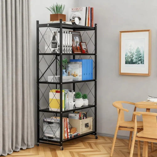 Metal Foldable Shelf - 90lb Capacity, 360° Mobile Wheels for Kitchen & Storage