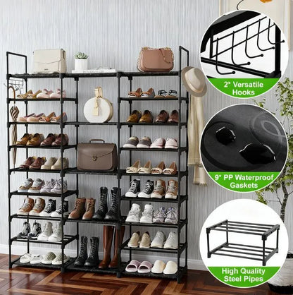 9-Layer Shoe Storage Rack - 50-55 Pairs Capacity, Waterproof Mats & Hooks for Home